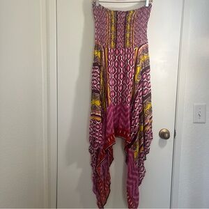 Lola P. Pink Yellow Asymmetrical Handkerchief-Hem Midi Dress Sz XL Boho Smocked